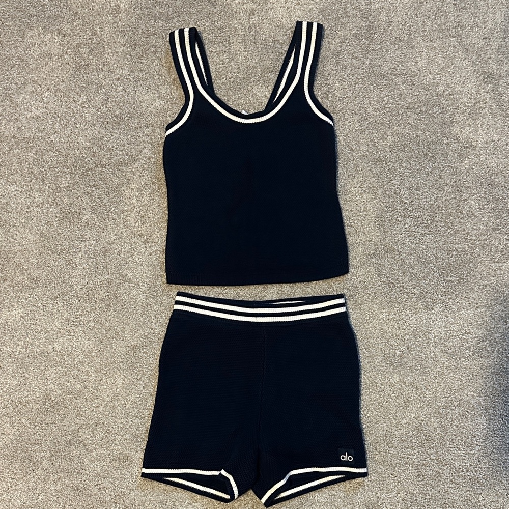 ALO Yoga Women's Navy and White Tank and Short Set